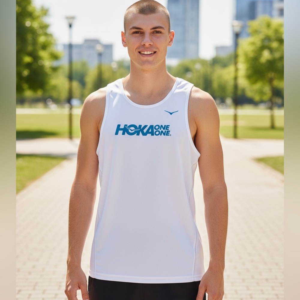 Hoka One One- Medium- Men's White and Blue Tank Top